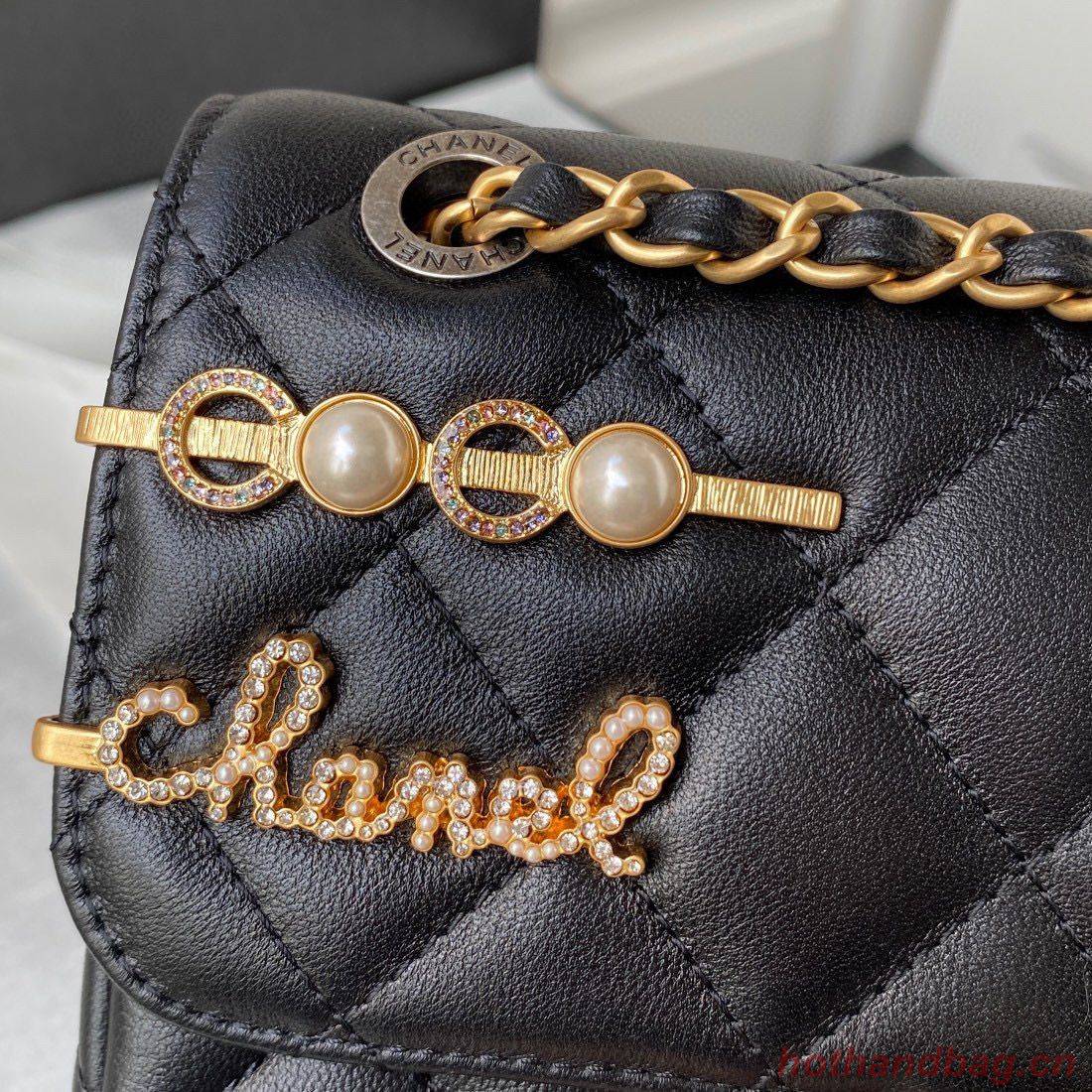 Chanel Original Leather Pearl Hairpin Badge Bag AS2979 Black Chanel Original Leather Pearl Hairpin Badge Bag AS2979 Black