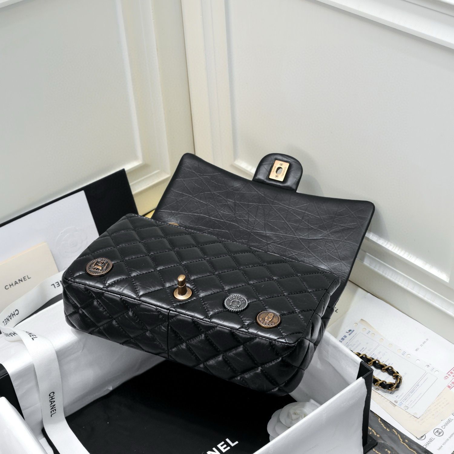 Chanel 2.55 Series Flap Bag Original Sheepskin Leather 92674 Black Bronze-Tone Chanel 2.55 Series Flap Bag Original Sheepskin Leather 92674 Black Bronze-Tone