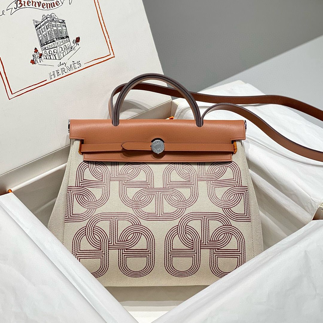 Hermes Herbag 31CM Original Canvas Print Leather & Calfskin 48887 Cream&Brown