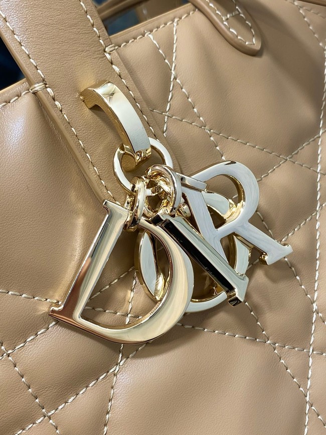 Small Dior Toujours Vertical Tote Bag Macrocannage Crinkled Calfskin M2835 Apricot