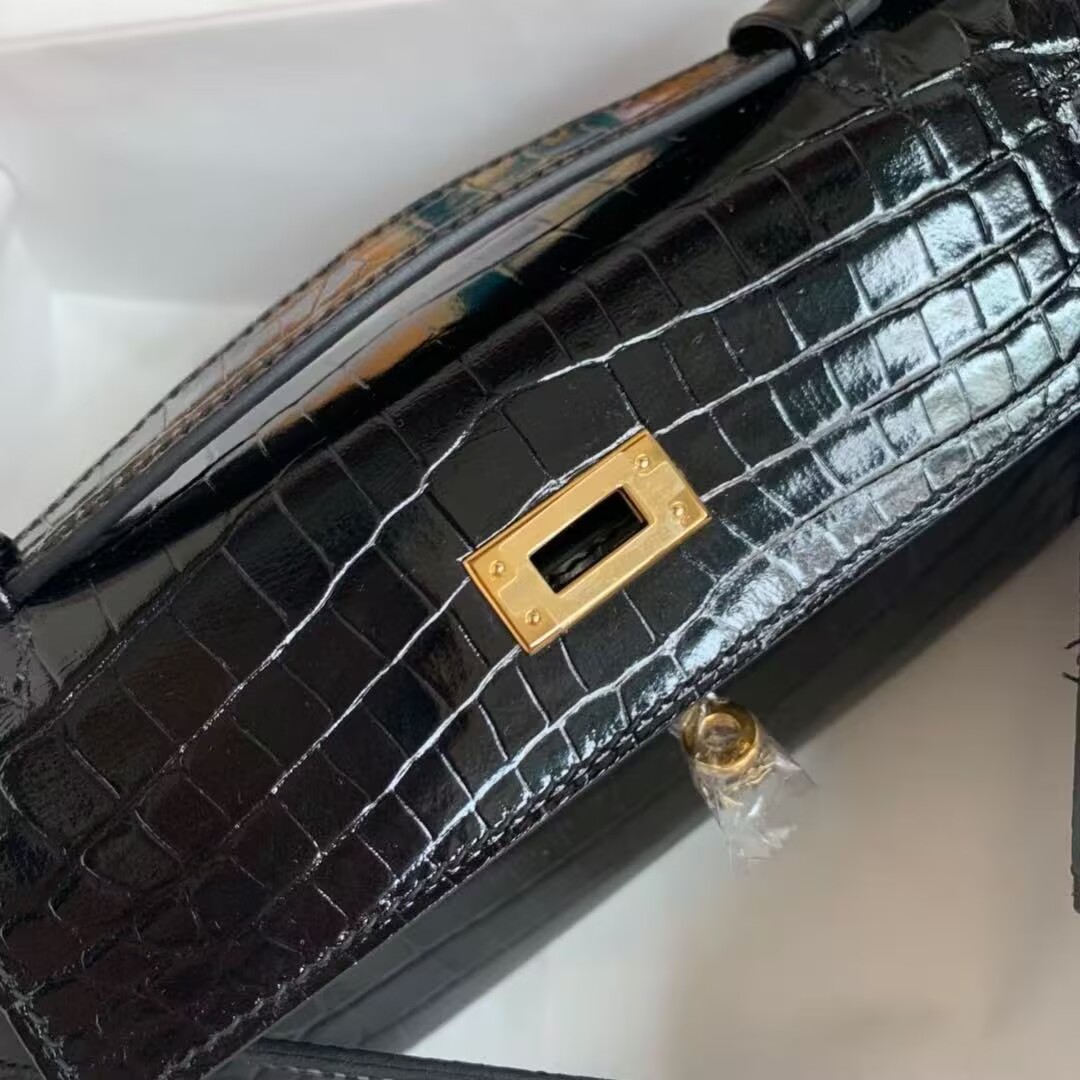 Hermes MINI Kelly 22cm Clutch Original Croco Leather KL22 Black