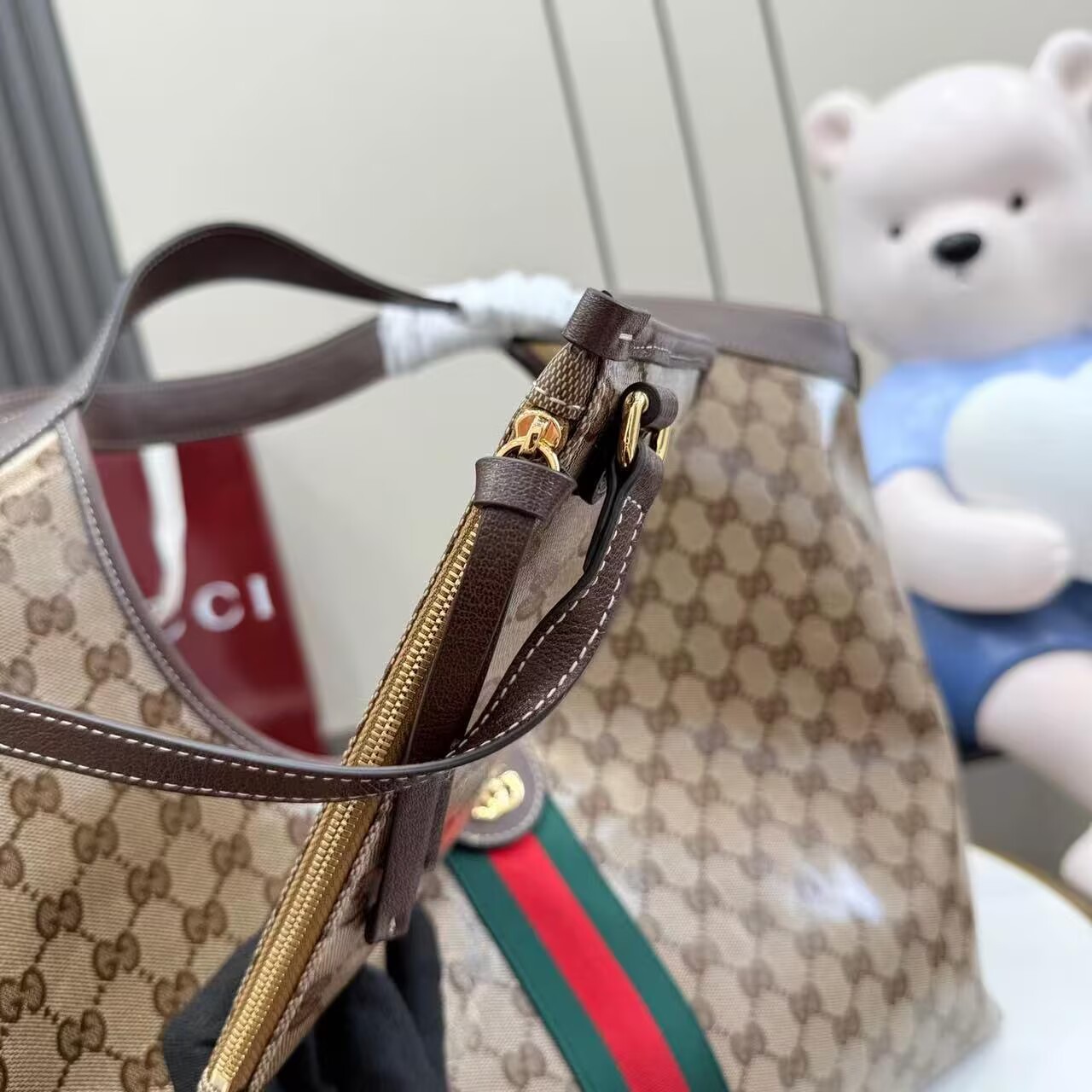 Gucci Giglio Large Canvas & Leather Tote GG Bag 53013 Brown