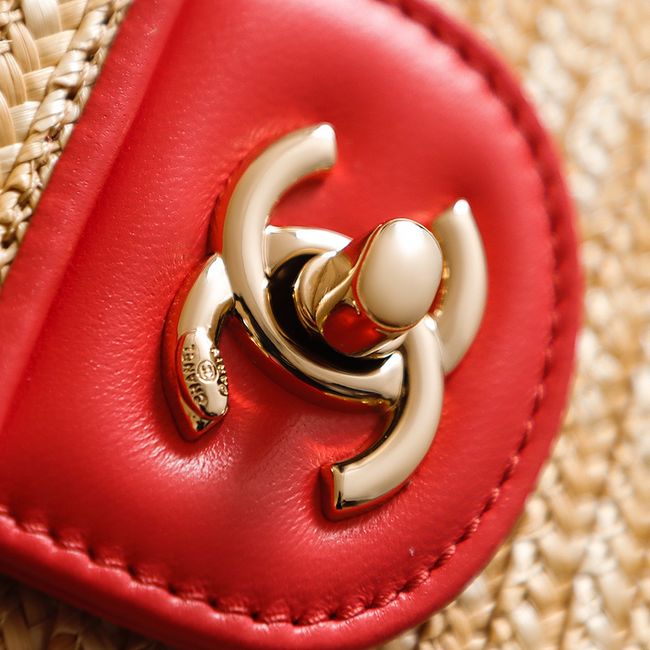 CHANEL medium Flapbag Braided Straw 66992 red CHANEL medium Flapbag Braided Straw 66992 red