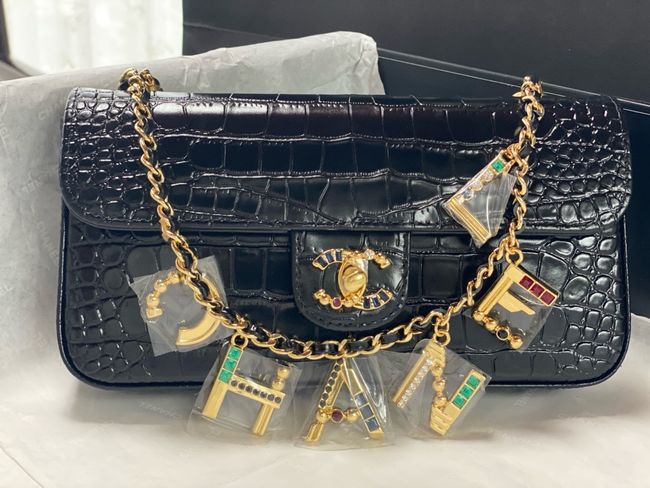 Chanel Clutch with chain Crocodile Embossed AS6340 black Chanel Clutch with chain Crocodile Embossed AS6340 black
