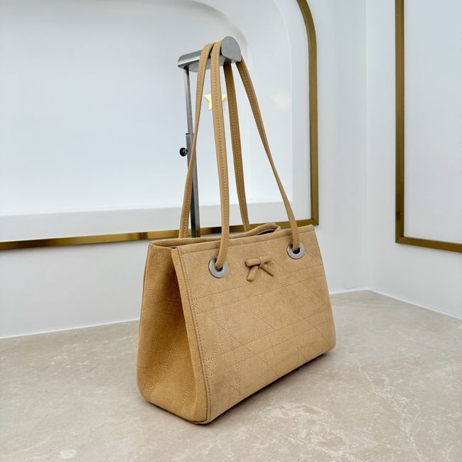 Small Dior Promenade Shopping Bag Apricot Flat Cannage Suede Calfskin M1410O