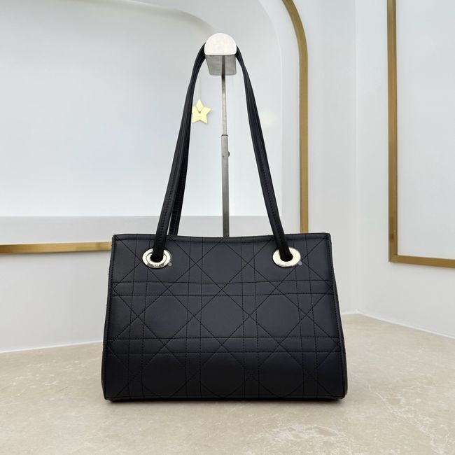 Small Dior Promenade Shopping Bag Black Flat Cannage Calfskin M1410O