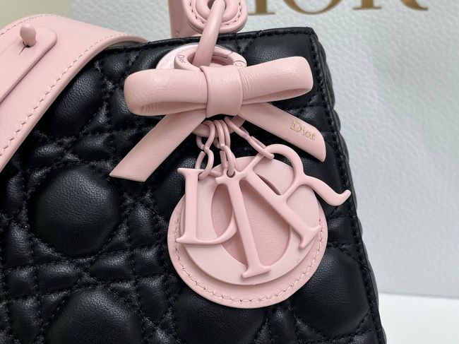 Small Lady Dior Bag with Strap Cannage Lambskin M0531OU black&pink Small Lady Dior Bag with Strap Cannage Lambskin M0531OU black&pink