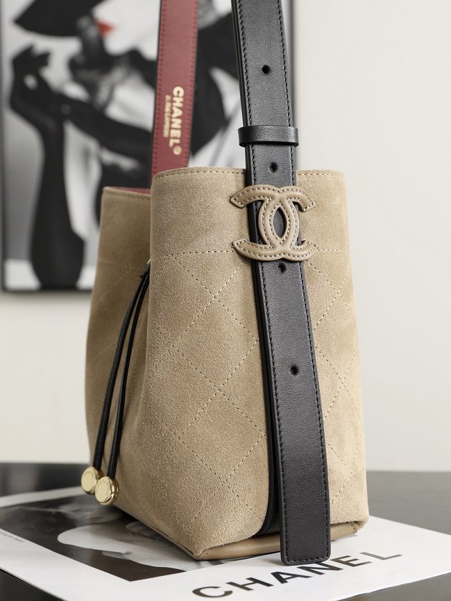 Chanel Suede Calfskin Bucket Bag AS6584 Dark Beige & Black Chanel Suede Calfskin Bucket Bag AS6584 Dark Beige & Black
