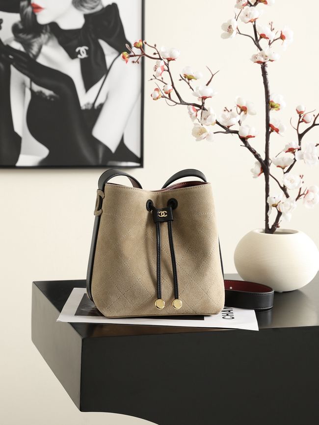 Chanel Suede Calfskin Bucket Bag AS6584 Dark Beige & Black Chanel Suede Calfskin Bucket Bag AS6584 Dark Beige & Black
