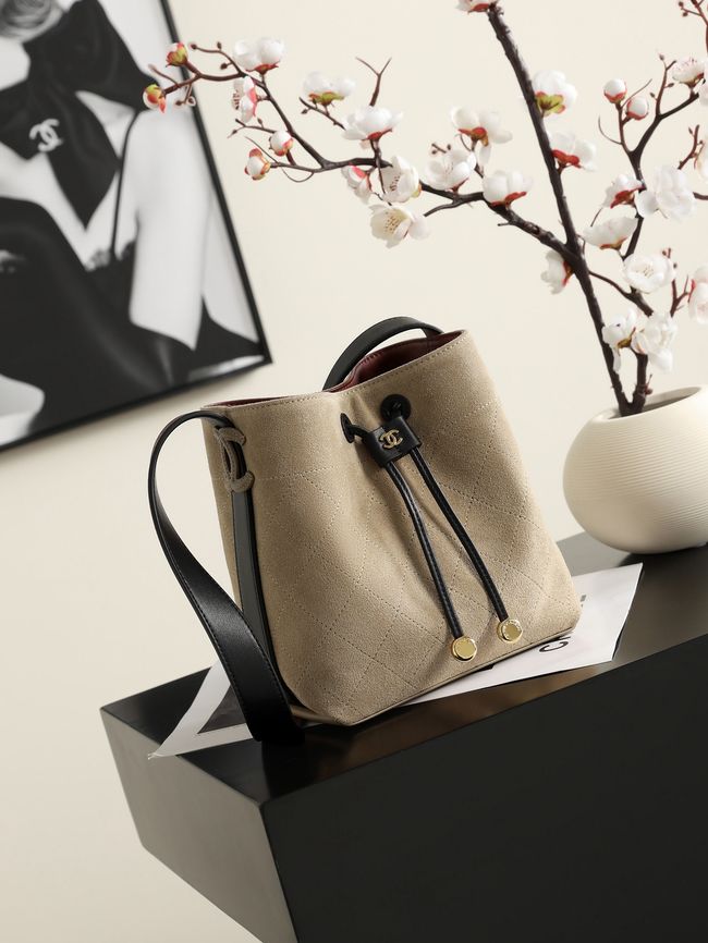 Chanel Suede Calfskin Bucket Bag AS6584 Dark Beige & Black Chanel Suede Calfskin Bucket Bag AS6584 Dark Beige & Black