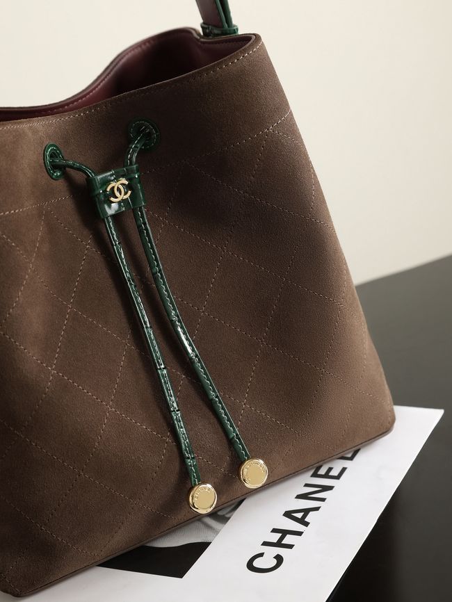 Chanel Suede Calfskin Bucket Bag AS6584 dark brown