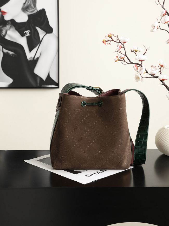 Chanel Suede Calfskin Bucket Bag AS6584 dark brown