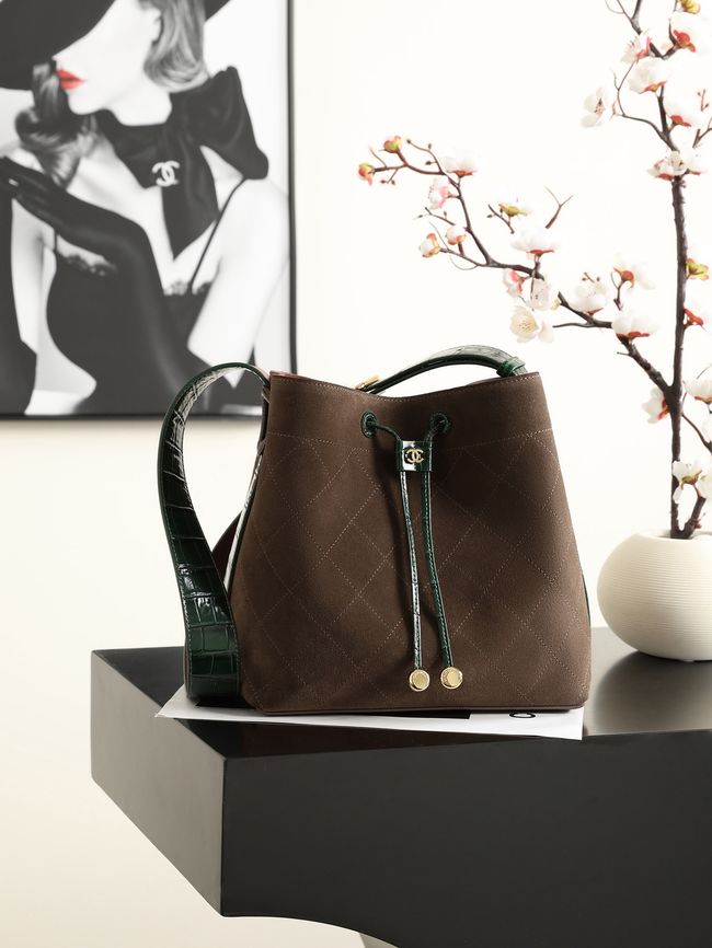 Chanel Suede Calfskin Bucket Bag AS6584 dark brown