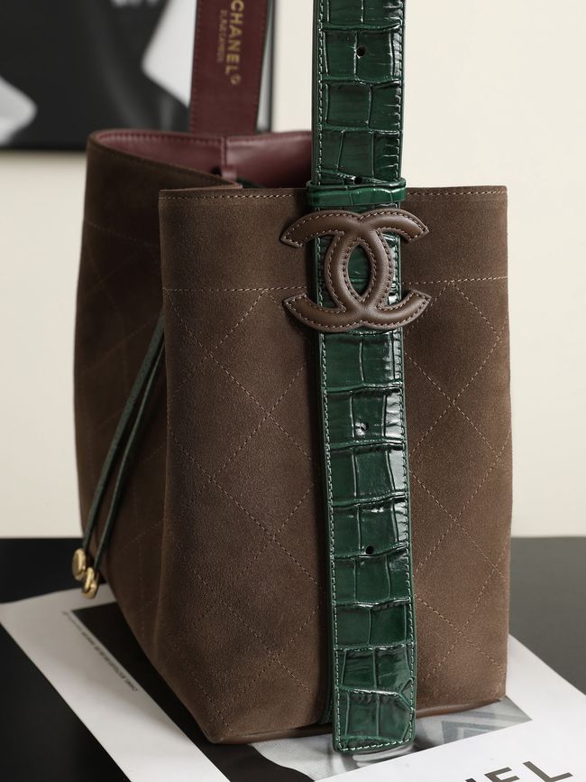 Chanel Suede Calfskin Bucket Bag AS6584 dark brown
