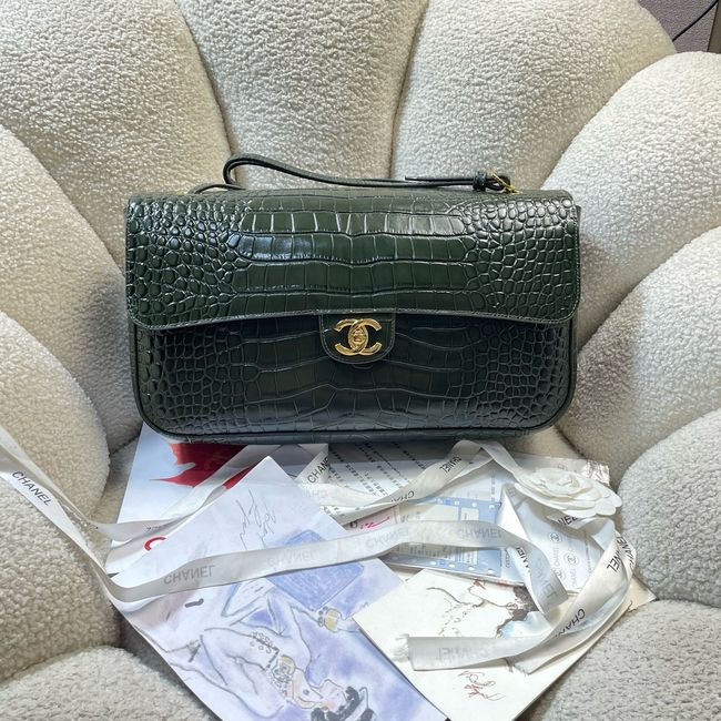 Chanel Crocodile Embossed Maxi Flap bag AS6231 green&gold-Tone Metal