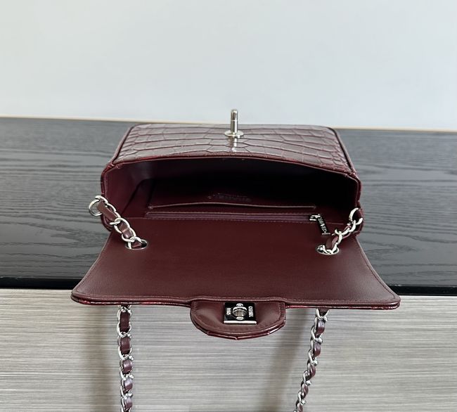Chanel MINI FLAP BAG Crocodile Embossed 1116 Dark Burgundy&silver Chanel MINI FLAP BAG Crocodile Embossed 1116 Dark Burgundy&silver
